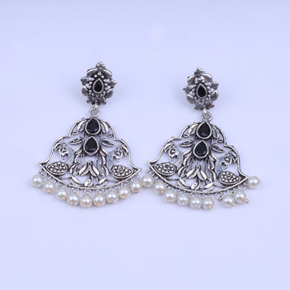 Black Stone Studded Oxidised Danglers
