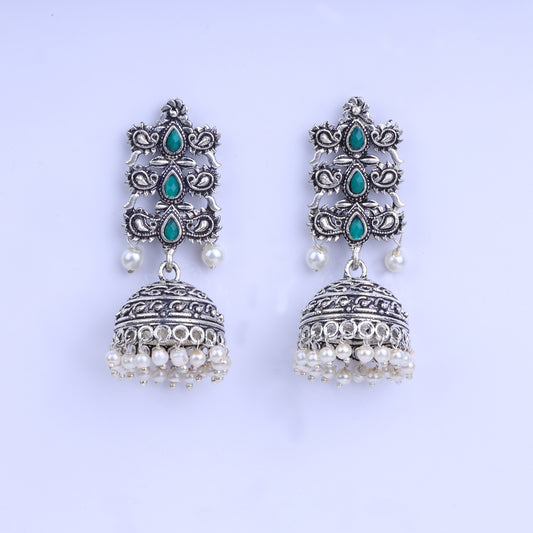 Green Stone Studded Statement German Silver Danglers With Brass Jhumki