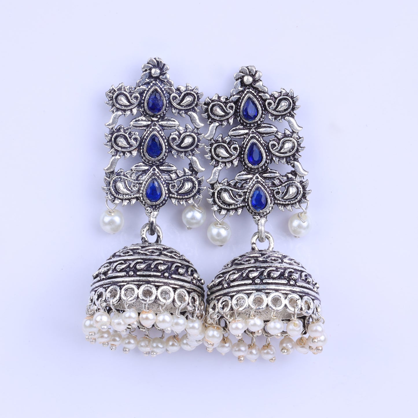 Blue Stone Studded Statement German Silver Danglers With Brass Jhumki