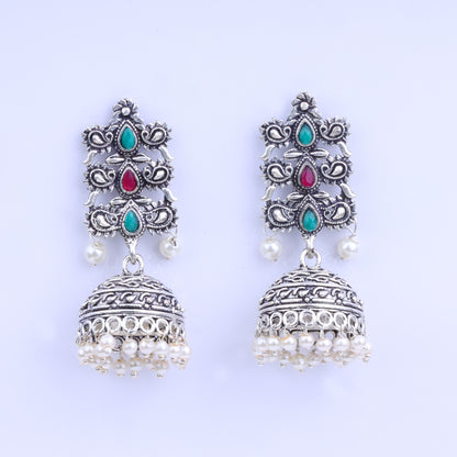 Multicolored Stone Studded Statement German Silver Danglers With Brass Jhumki