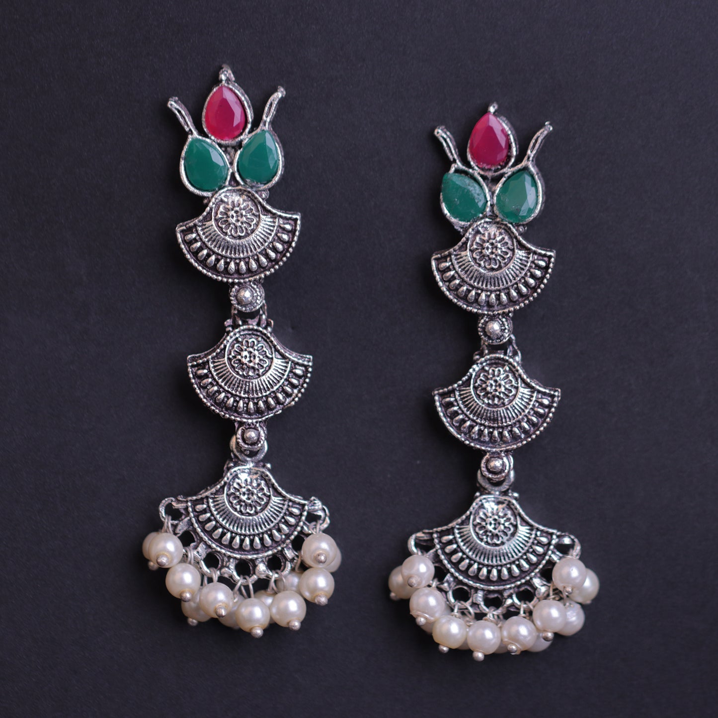 Multicolored Stone Studded Triple Layered Beautiful German Silver Earrings
