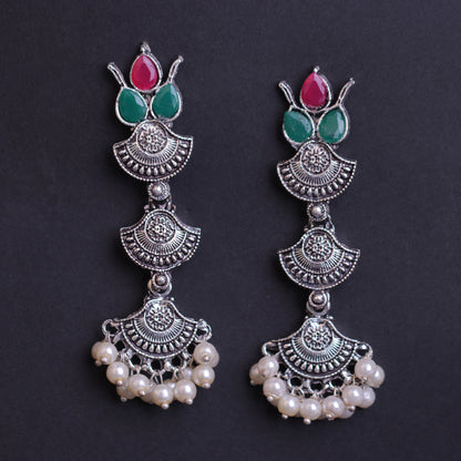 Multicolored Stone Studded Triple Layered Beautiful German Silver Earrings