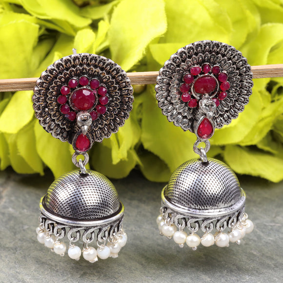 Red Stone Embellished German Silver Earrings With Hanging Pearls