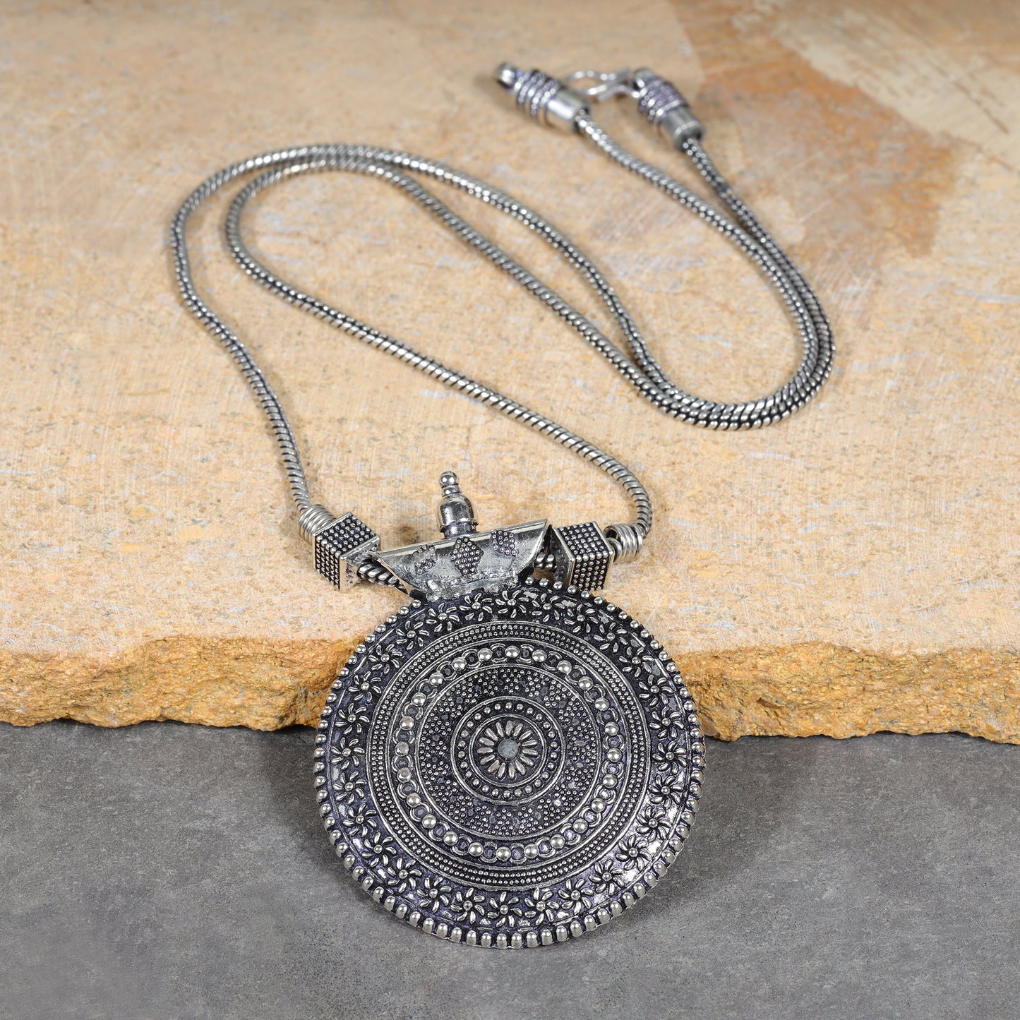 Chakra rangoli oxidised chain neckpiece (Silver)