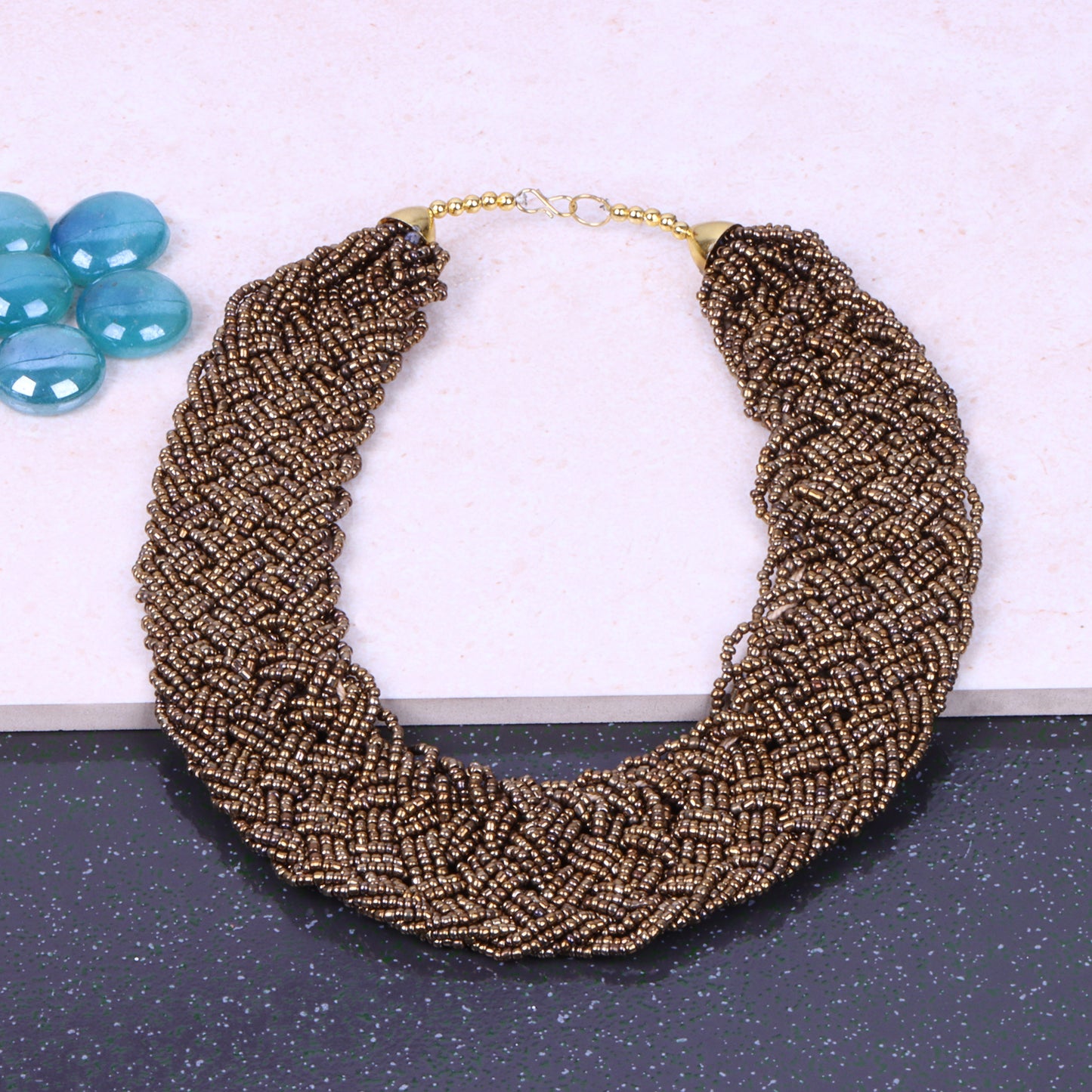The Beauteous Braided Criss-Cross Beaded Neckpiece (Golden)
