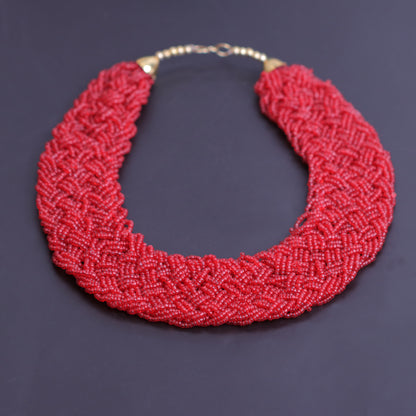 The Beauteous Braided Criss-Cross Beaded Neckpiece (Red)