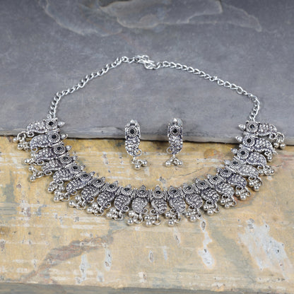 Black Stone Studded Oxidised Statement Neckpiece