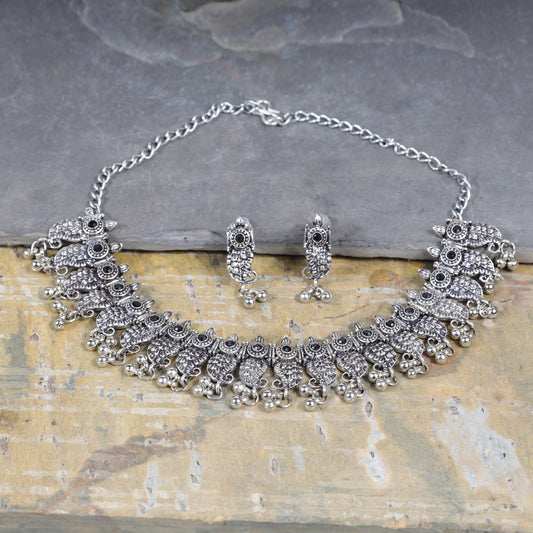 Black Stone Studded Oxidised Statement Neckpiece