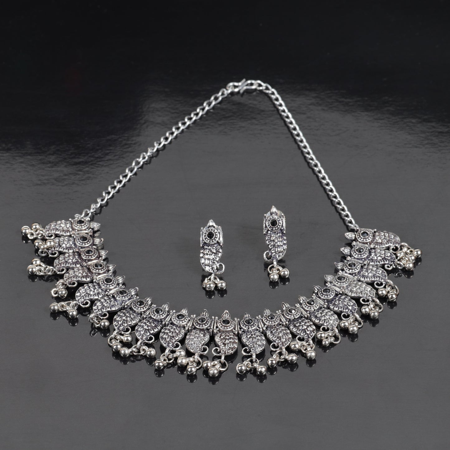 Black Stone Studded Oxidised Statement Neckpiece
