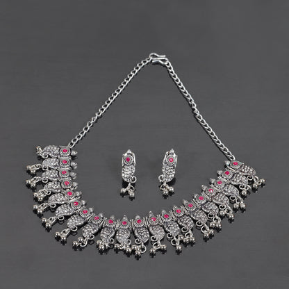 Red Stone Studded Oxidised Statement Neckpiece